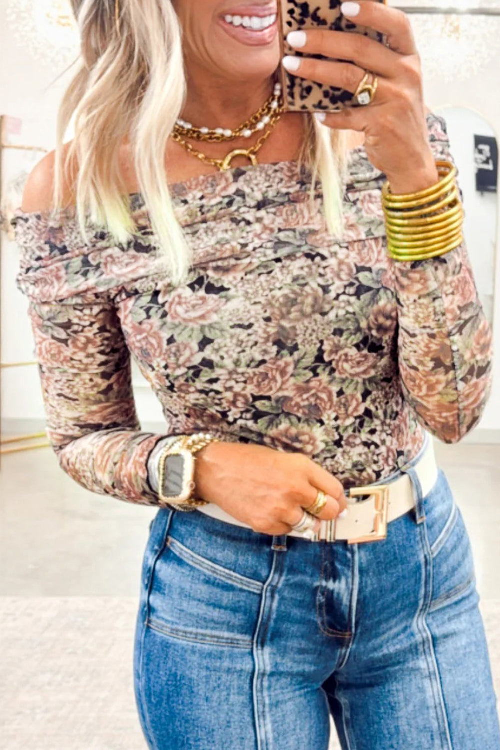 White Retro Floral Print Mock Neck Mesh Long Sleeve Top