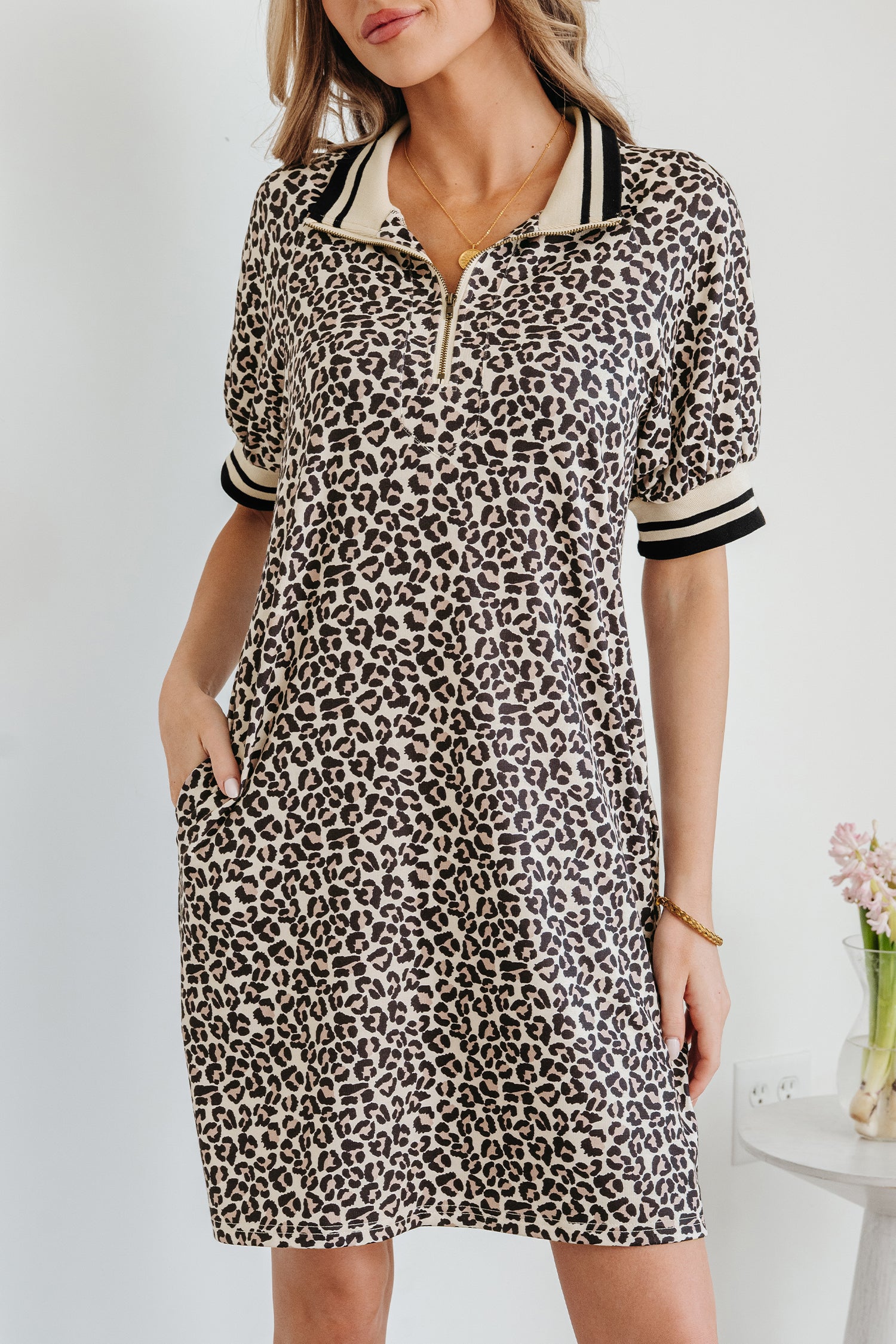 Brown Leopard Print Half Zip Striped Trim Patchwork Short Sleeve Top