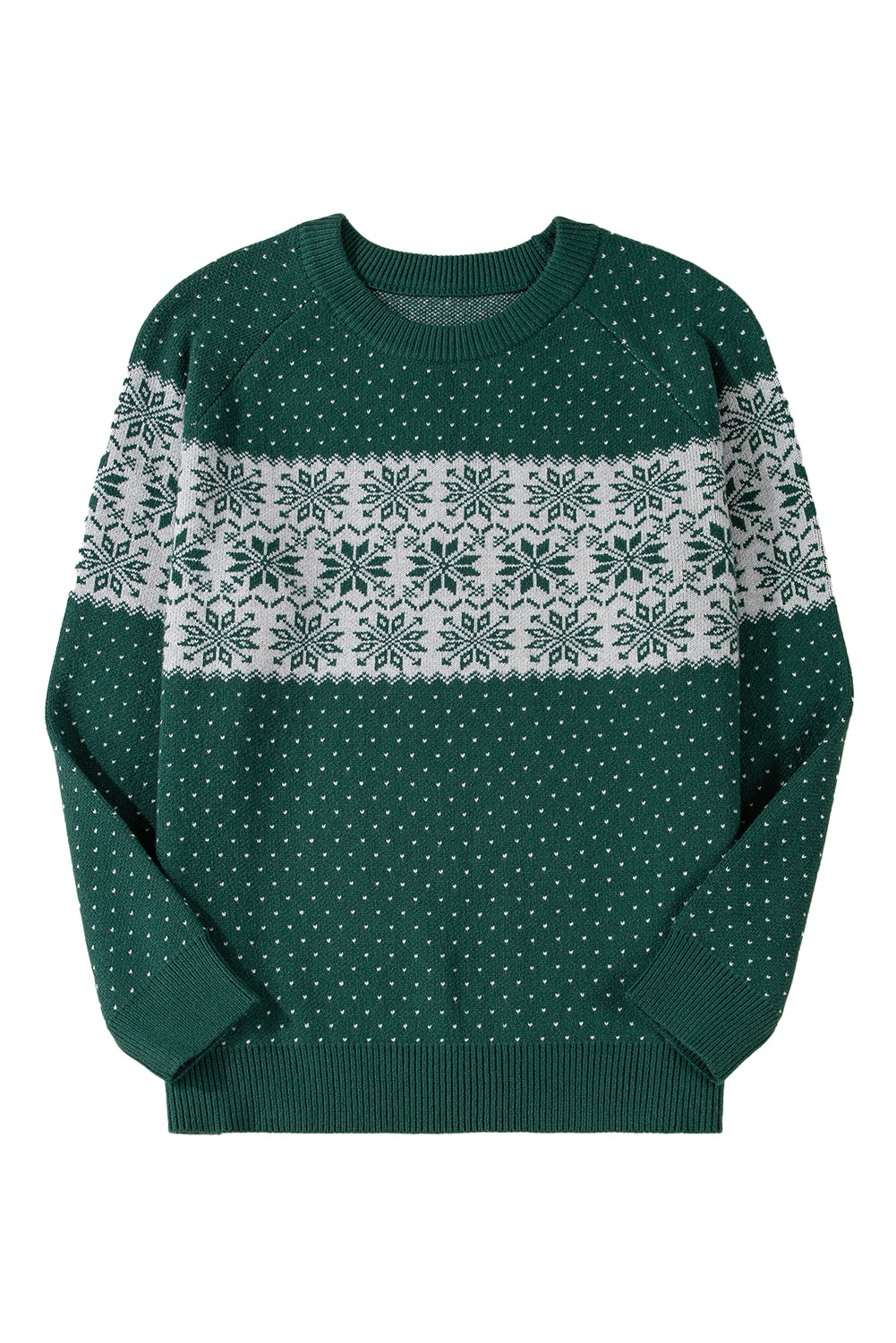 Green Christmas Snowflake Dotted Print Round Neck Sweater