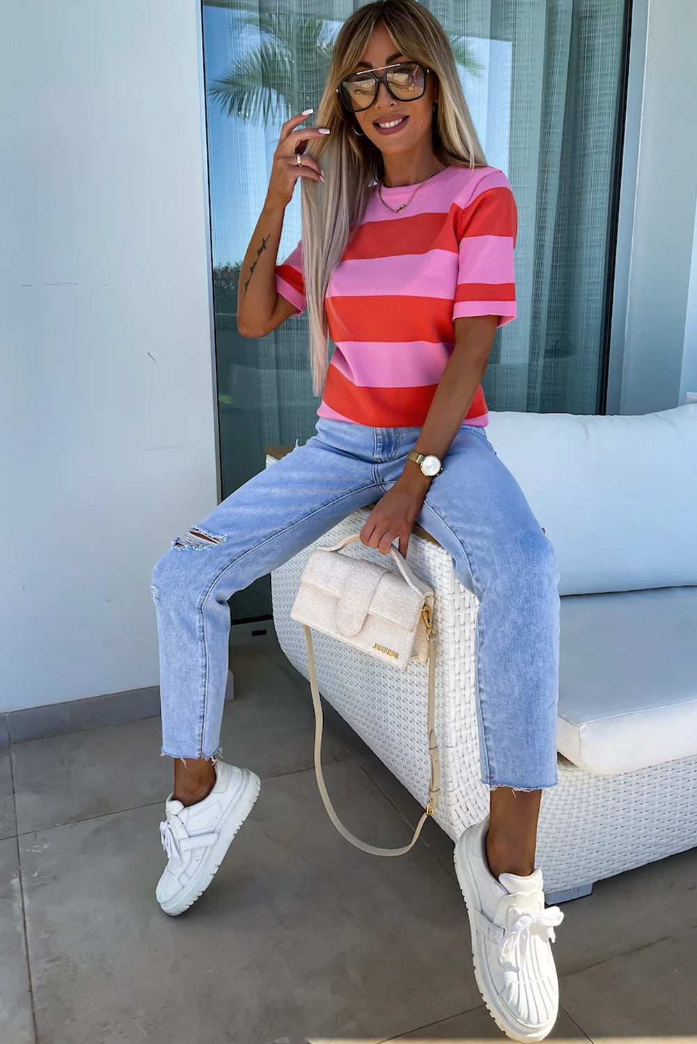 Pink Stripe Colorblock Striped Knitted T shirt