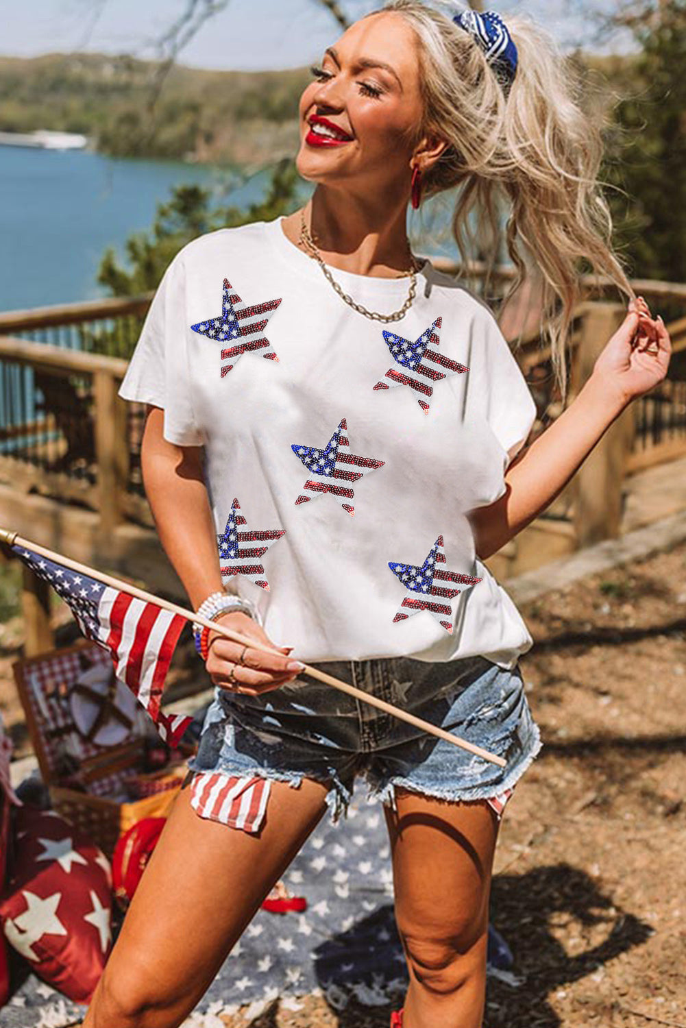 White Sequin American Flag Can Oversized Graphic Tee