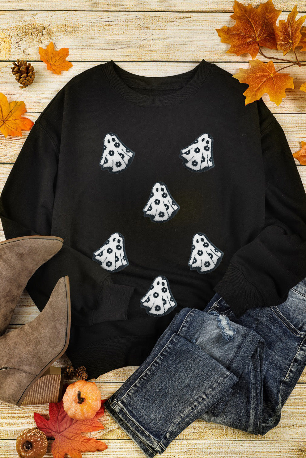 Wisteria Glitter Trim Chenille Ghost Patched Halloween Graphic Tee
