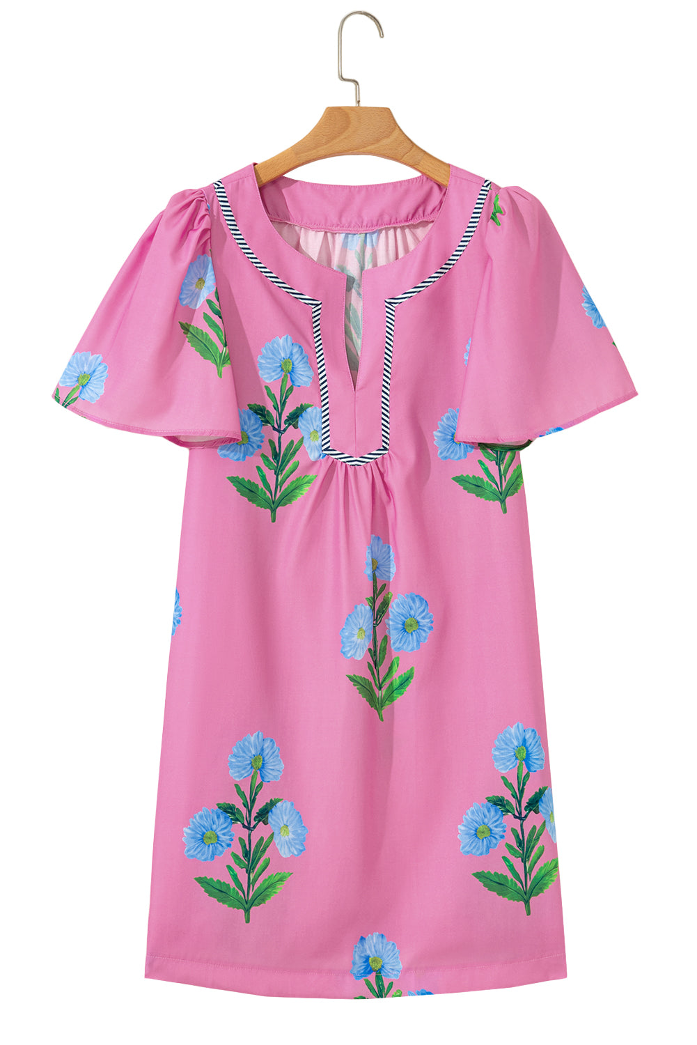 Apricot Floral Short Sleeve Split Neck Loose Mini Dress