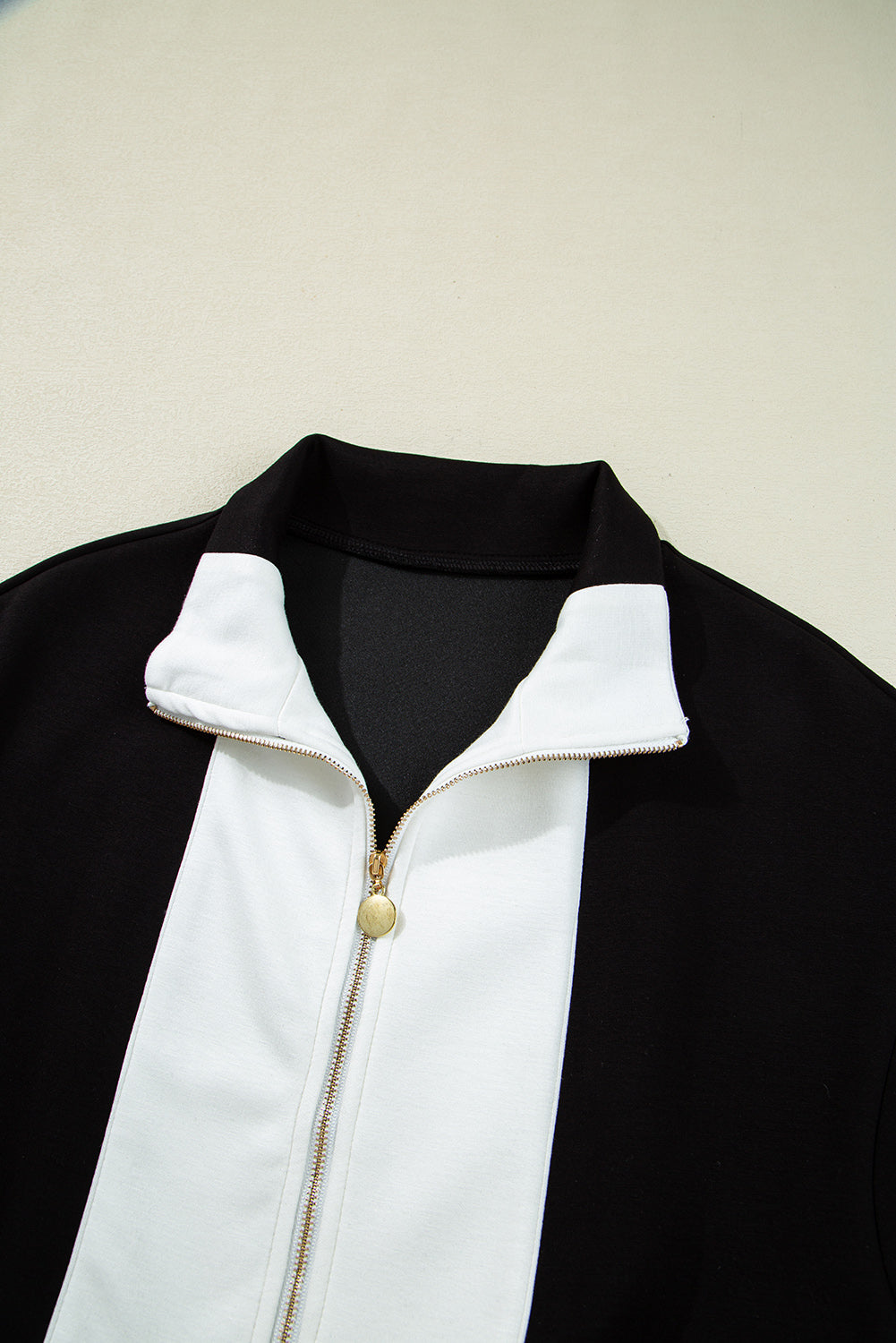 Black Contrast Zipped Stand Collared T Shirt and Short Set