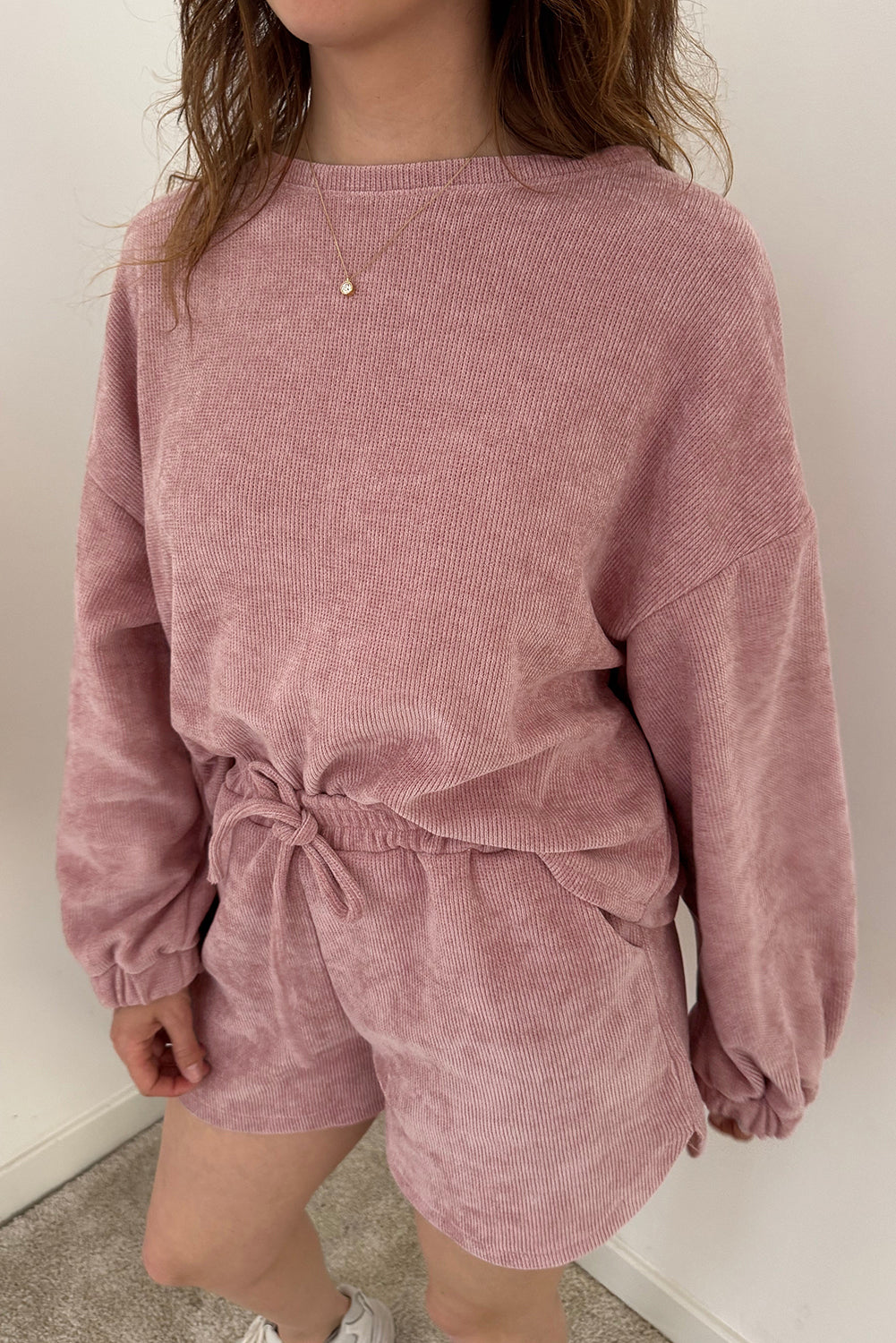 Jet Stream Solid Color Textured Knit Drop Shoulder Pullover Drawstring Shorts Set