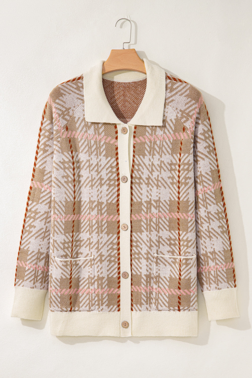 Khaki Vintage Pattern Ribbed Trim Button Front Plus Size Cardigan Sweater