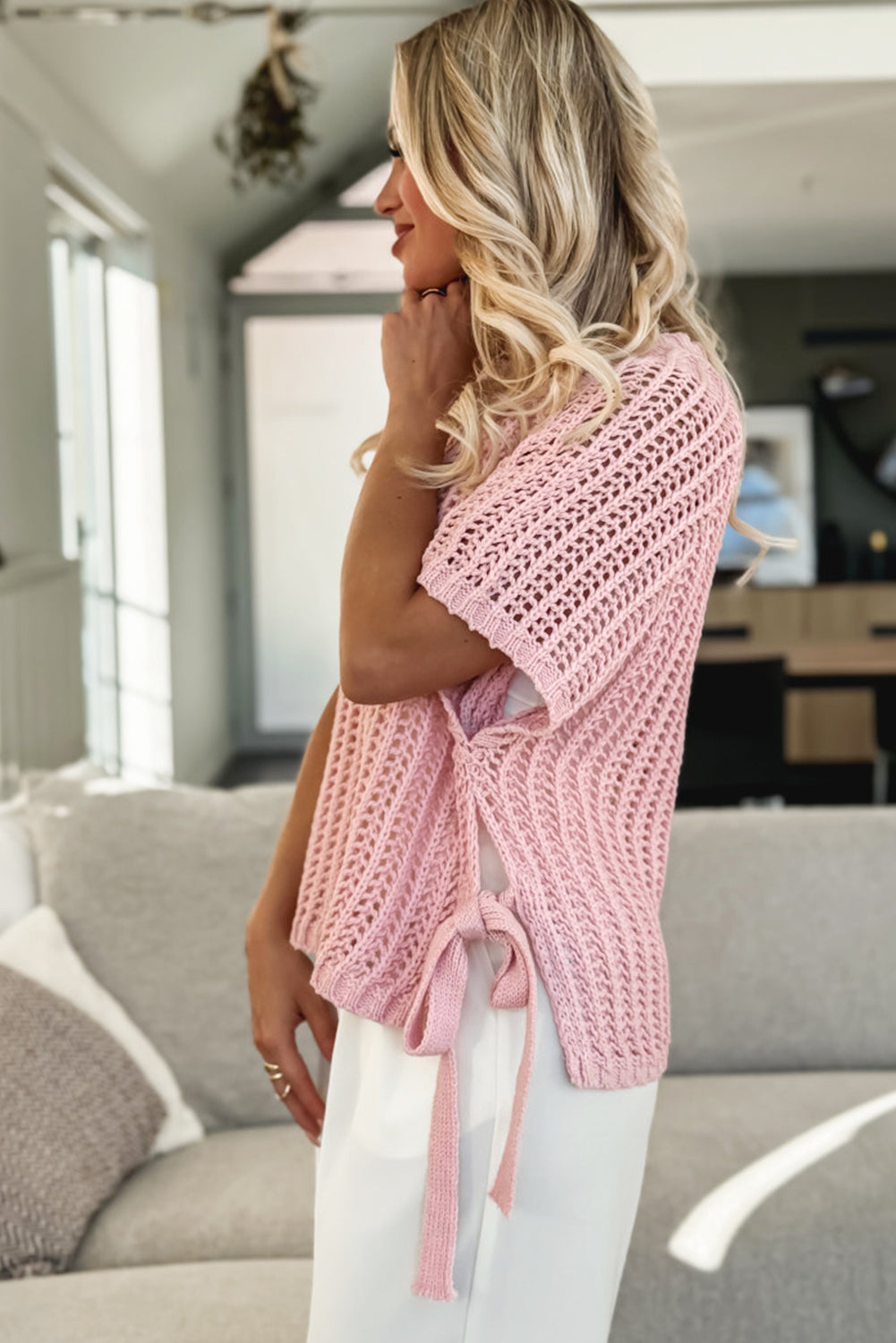 Yellow Cream Hollow-out Crochet Side Tied Short Sleeve Sweater