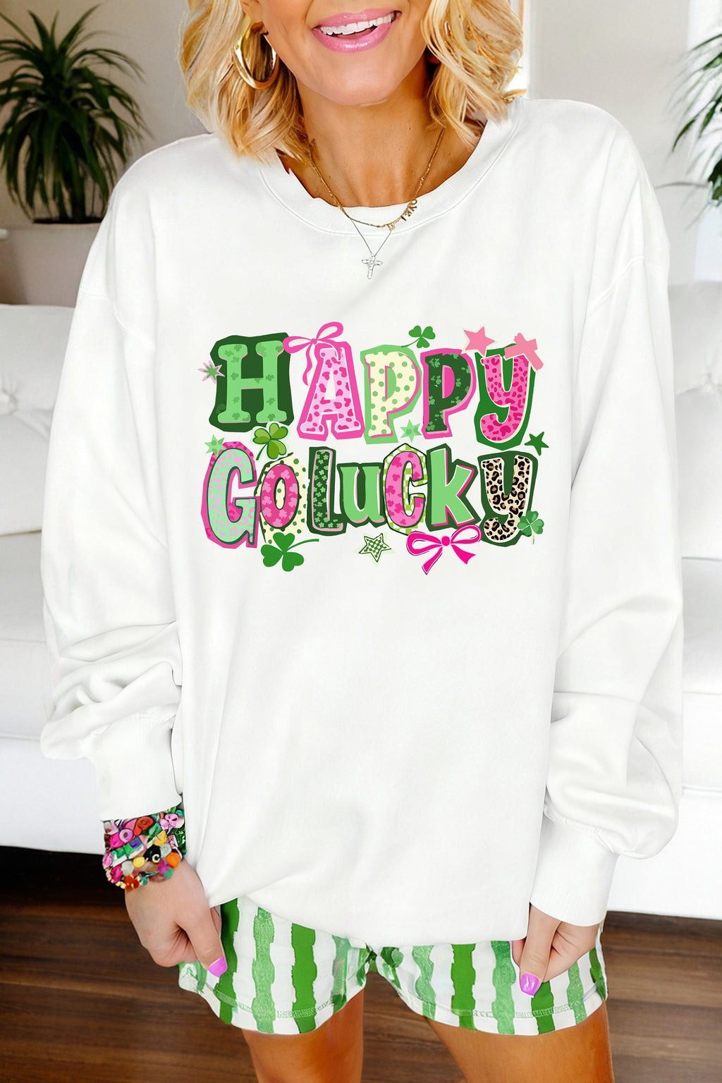 White HAPPY GO LUCKY Playful Letter Print Sweatshirt