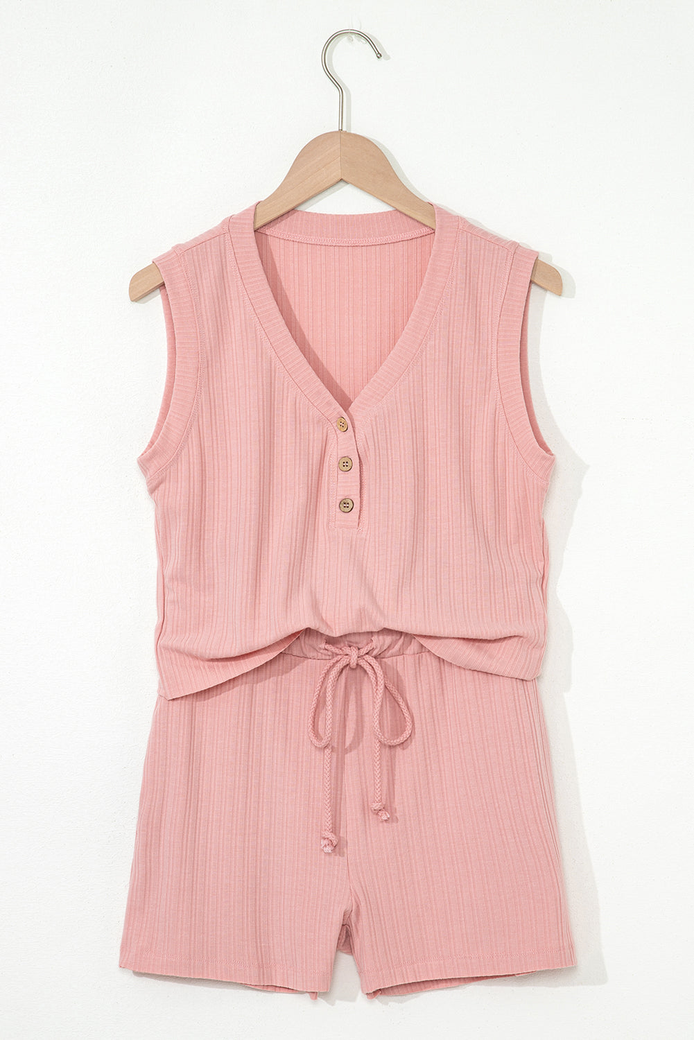 Mint Green Ribbed Button V Neck Tank Top and Shorts Set