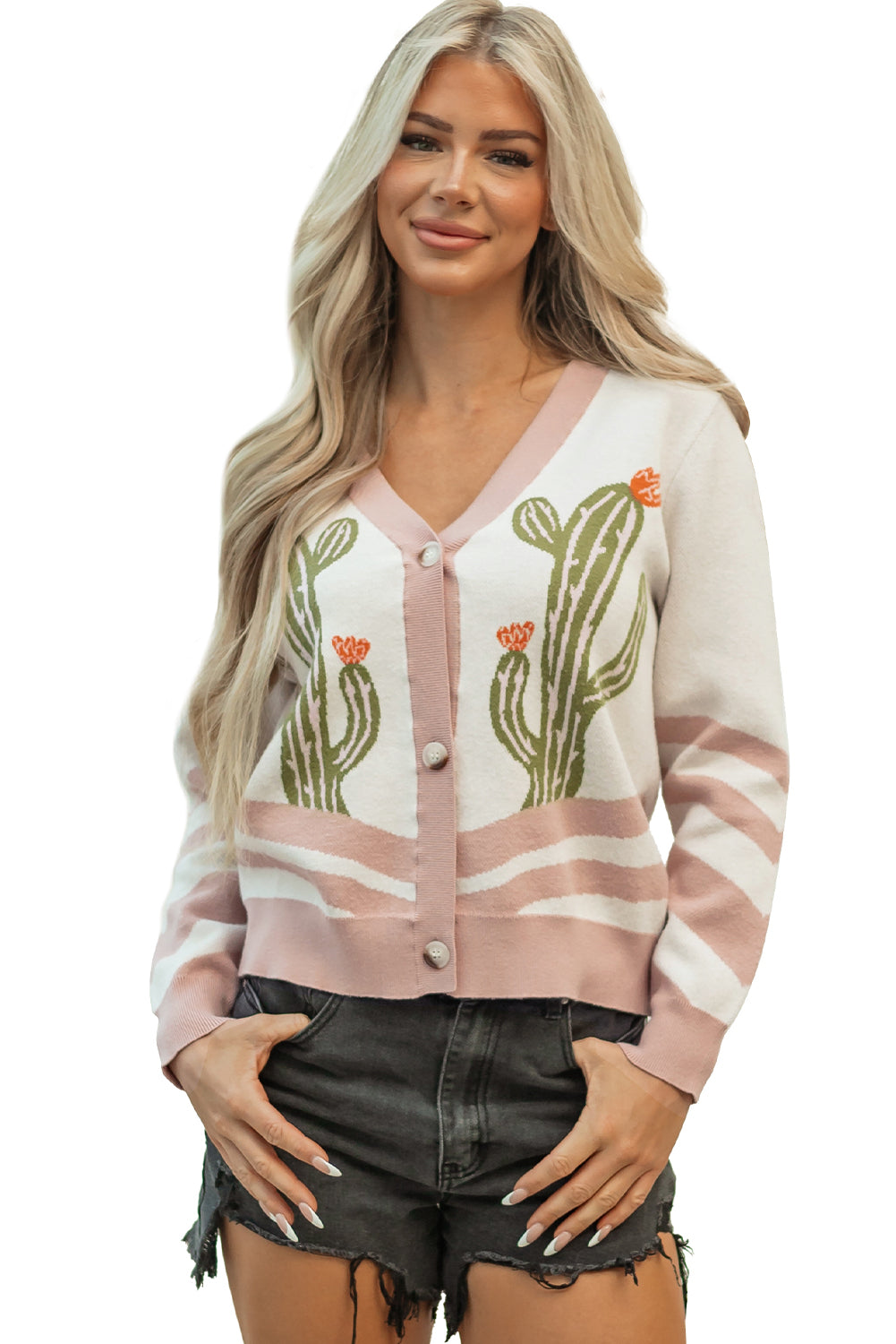 Apricot Western Desert Cactus Print Plus Size Button Cardigan Sweater