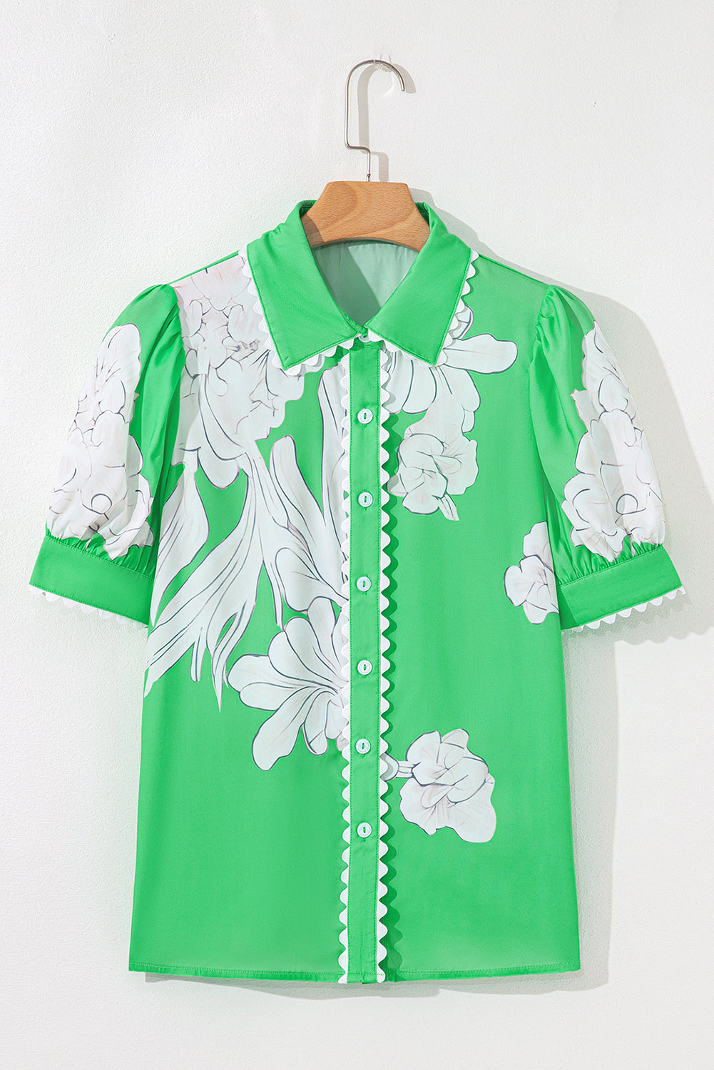 Sky Blue Floral Ric Rac Edge Puff Sleeve Button Up Summer Shirt