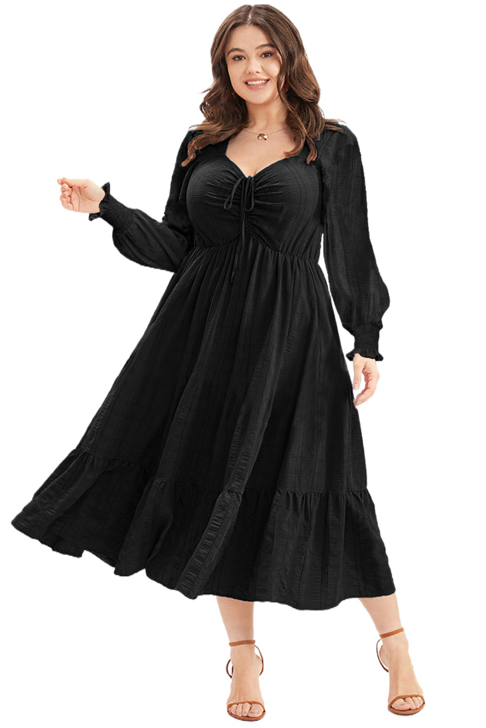 Black Lace-up Ruched Front Long Sleeve Ruffle Hem Plus Size Midi Dress