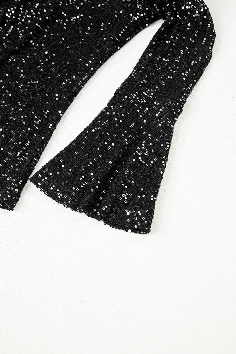 Jet Stream Sequin Mock Neck Drape Open Back Bell Sleeve Top