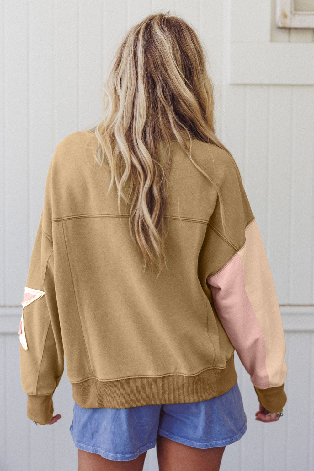 Rose Pink Contrast Star Patchwork Exposed Seam Uneven Hem Drop Shoulder Sweatshirt