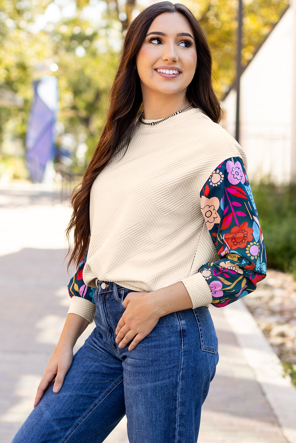 White Floral Patchwork Sleeve Textured Plus Size Pullover Top