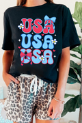 Black July 4th Cute Flower Bow USA Letter Graphic Tee