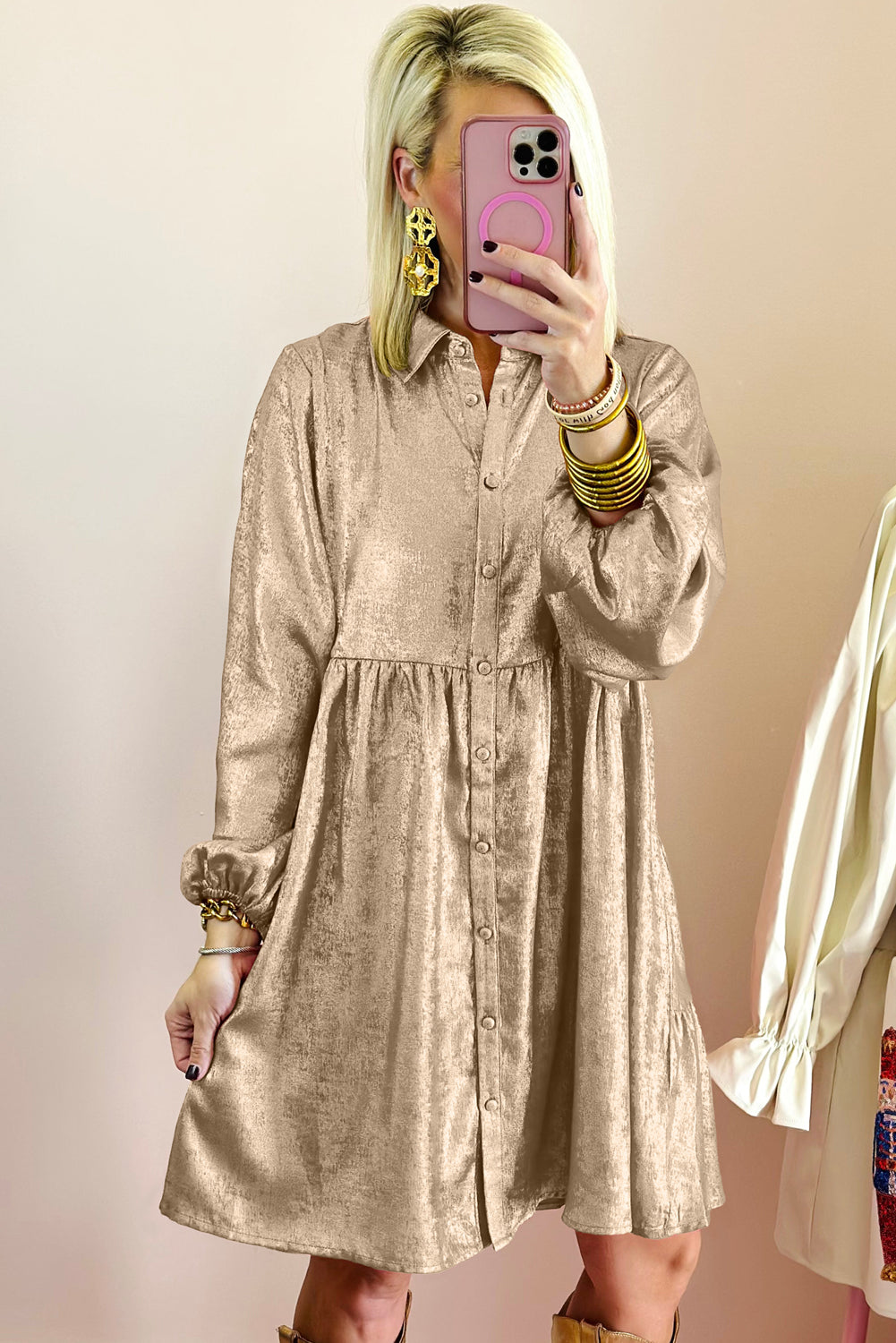 Dearlovers Gold Metallic Frilled V Neck Puff Sleeve Babydoll Blouse