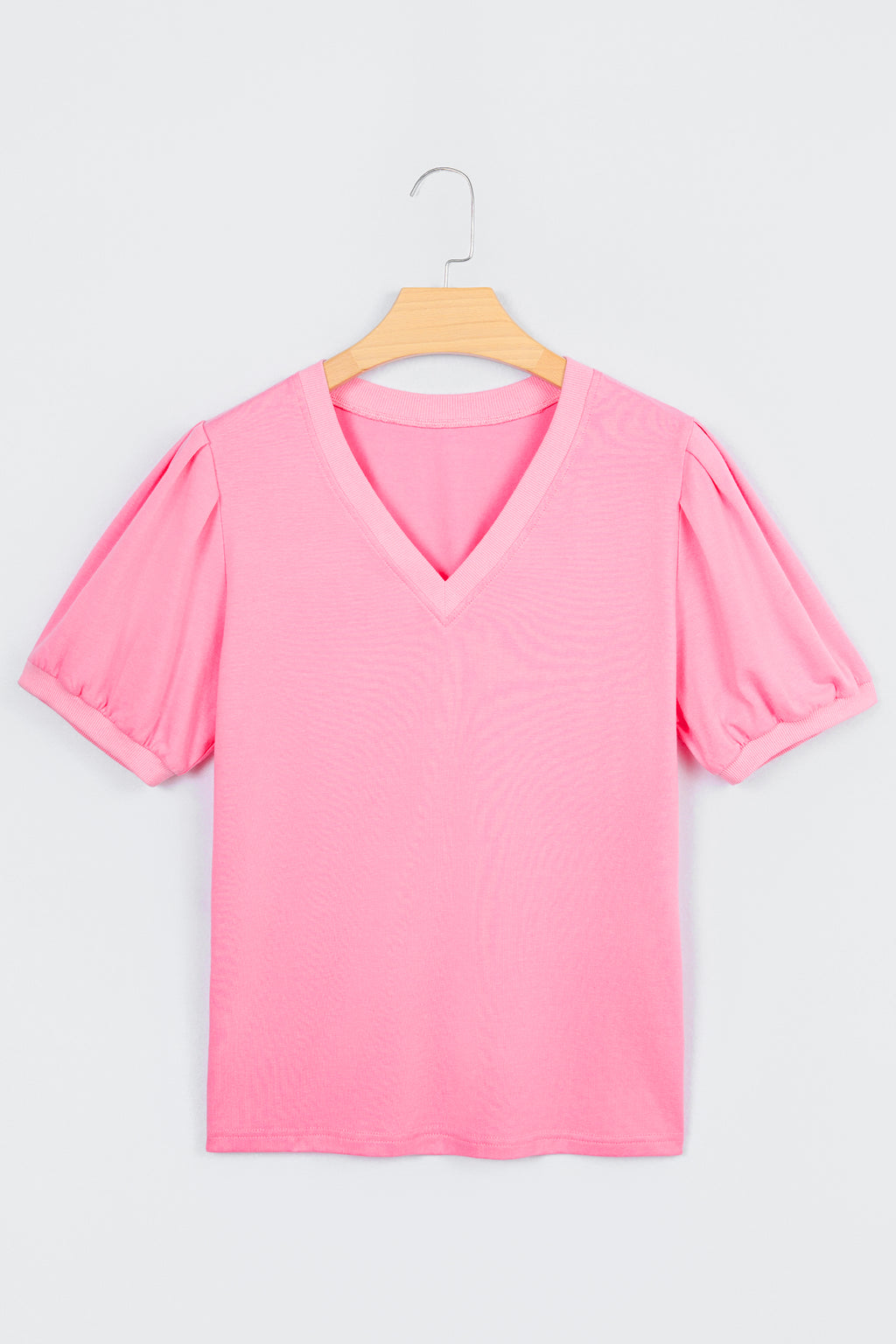 Bonbon Solid Color V Neck Short Puff Sleeve Blouse