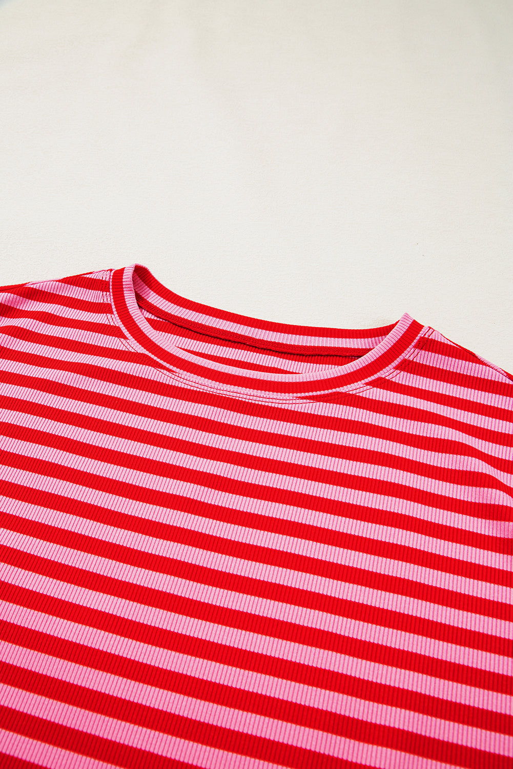 Sky Blue Stripe Ribbed Cap Sleeve Round Neck T Shirt