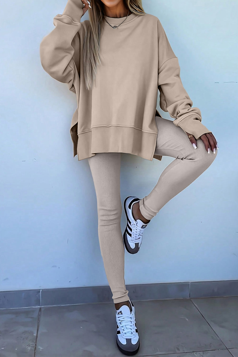 Black Solid Color Oversize Slit Sweatshirt Ribbed Leggings 2pcs Set