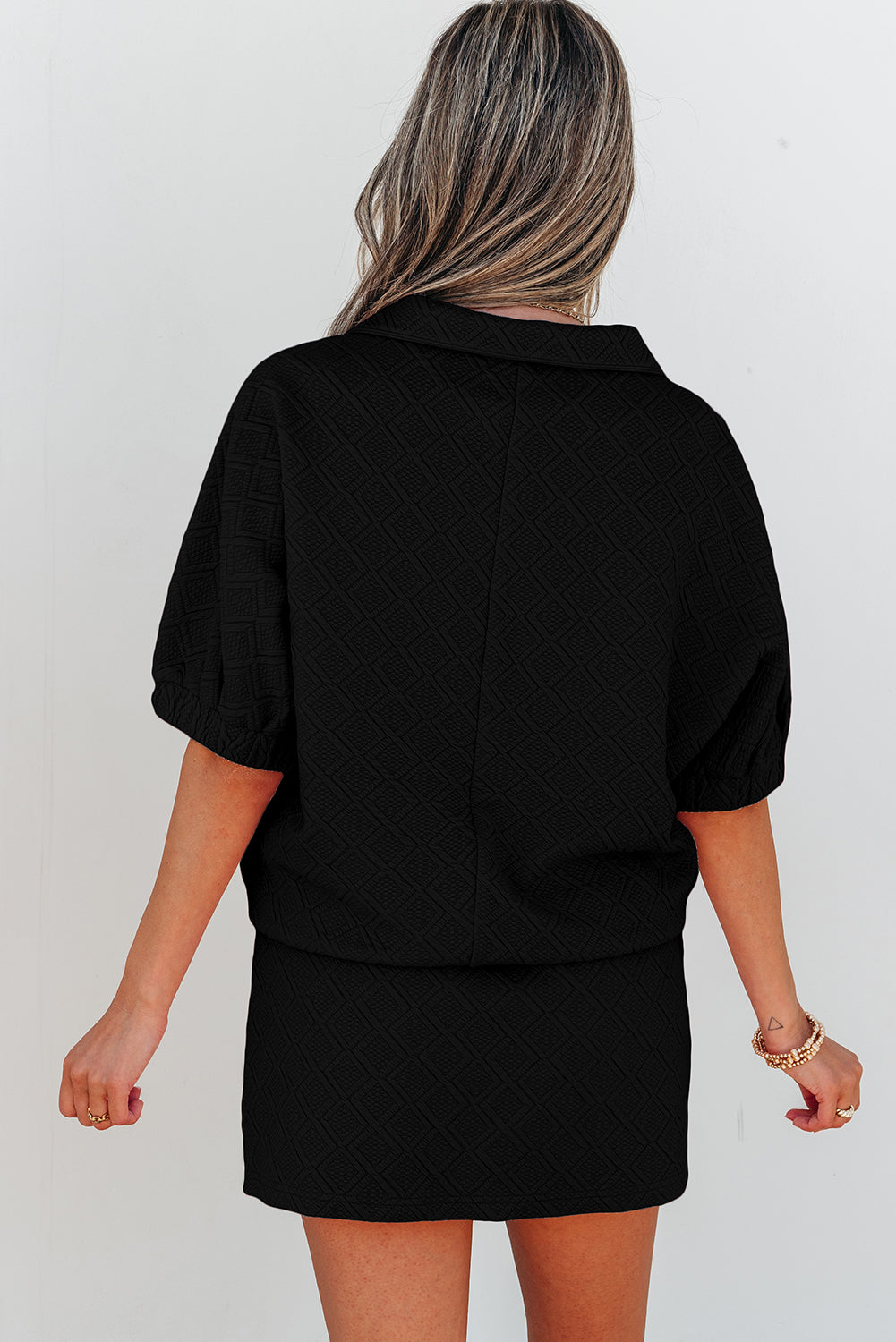 White Textured Jacquard Colorblock Edge Puff Sleeve Quarter Zip Mini Dress