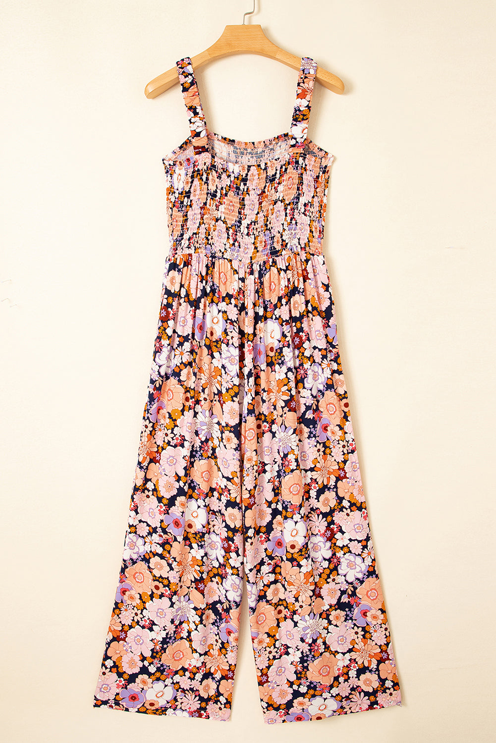 Green Floral Print Smocked High Waist Square Neck Jumpsuit
