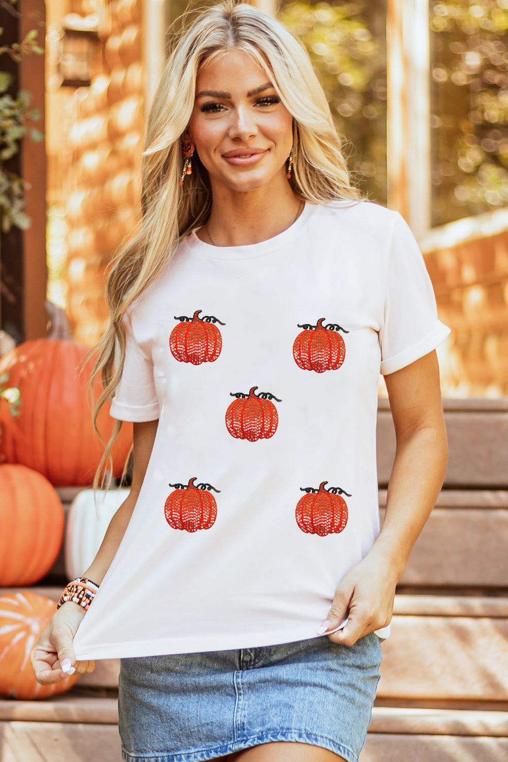 White Colorful Pumpkin Sequin Patched Drop Shoulder Sweatshirt