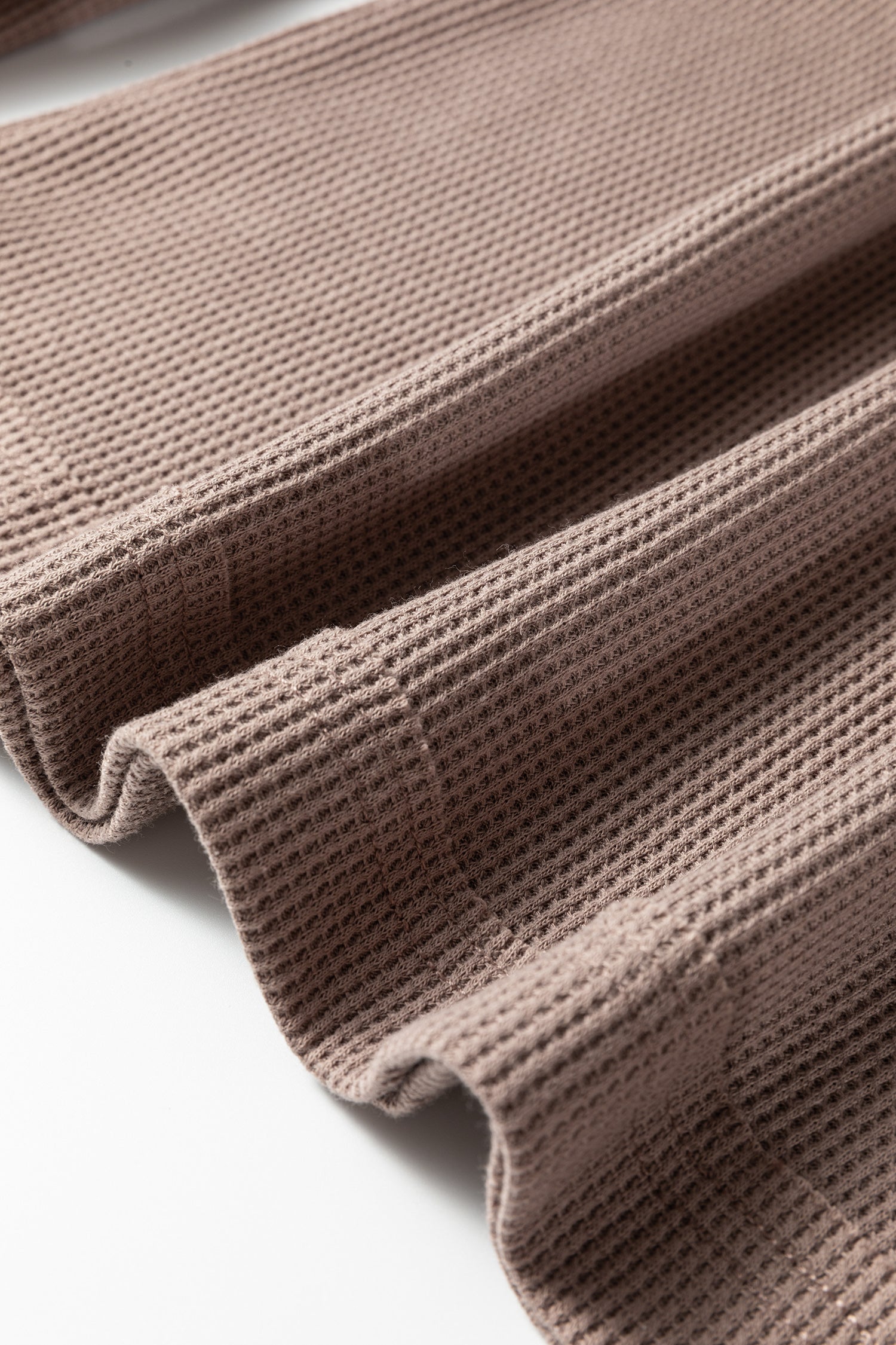 Beige Solid Color Waffle Knit Asymmetric Neck Long Sleeve Top