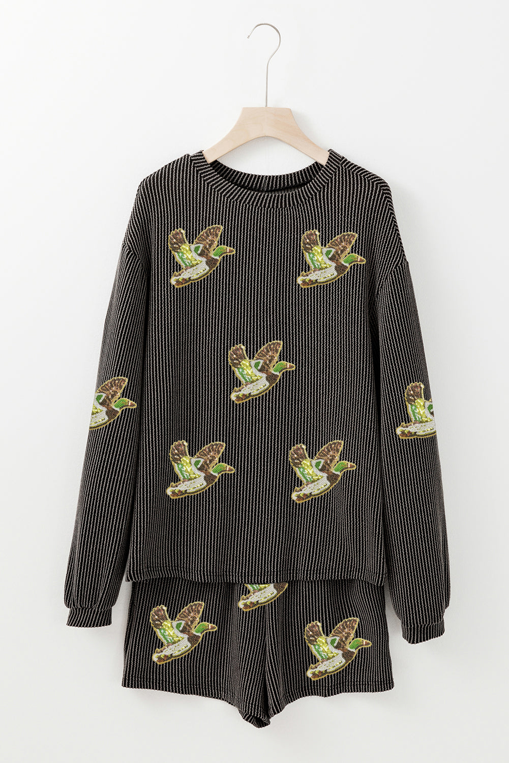 Carbon Grey Ribbed Long Sleeve Top and Shorts Flying Mallard Sequin Patched Graphic Set
