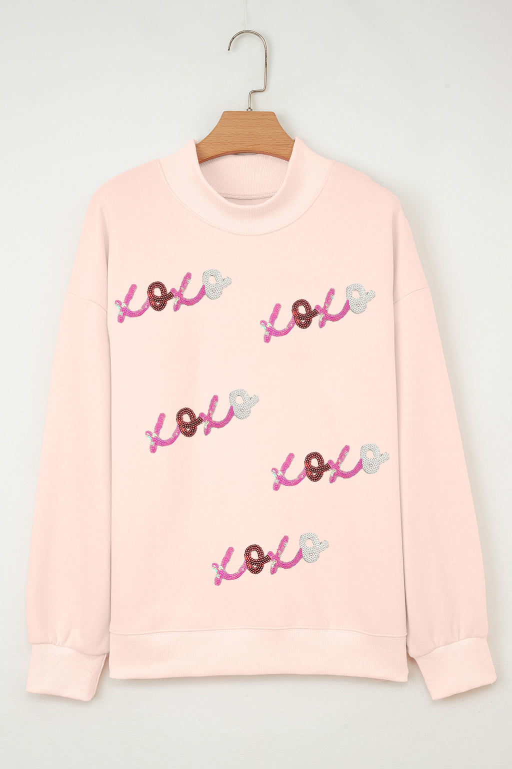Apricot Pink Sequin xoxo Patched Mock Neck Oversize Sweatshirt
