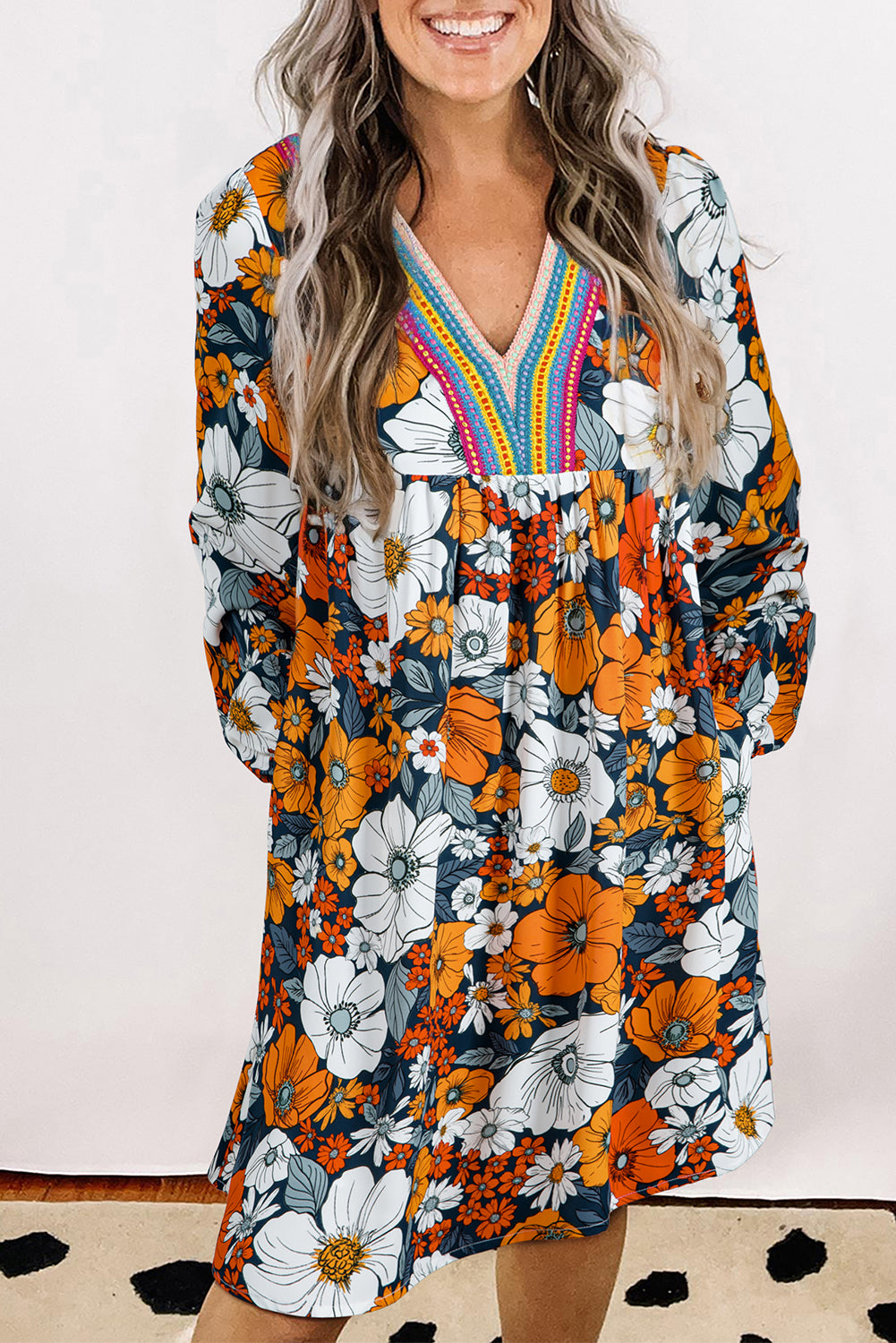 Multicolour Crochet V Neck Half Sleeve Boho Floral Blouse