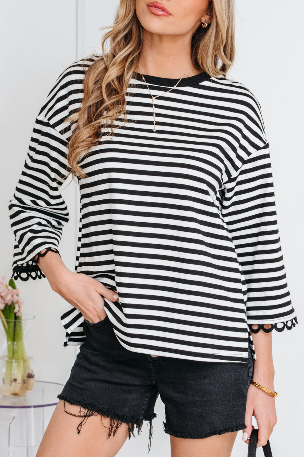 Racing Red Striped Print Drop Shoulder Lace Trim Bracelet Sleeve Loose Top