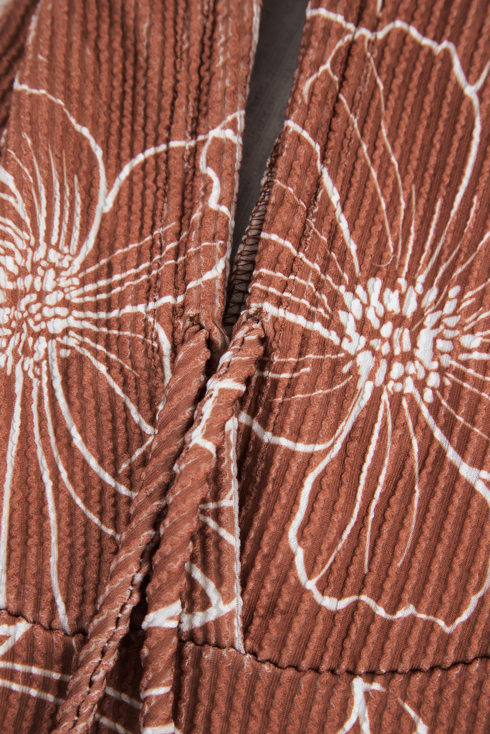 Brown Floral Twisted Rib Drawstring Kangaroo Pocket Hoodie