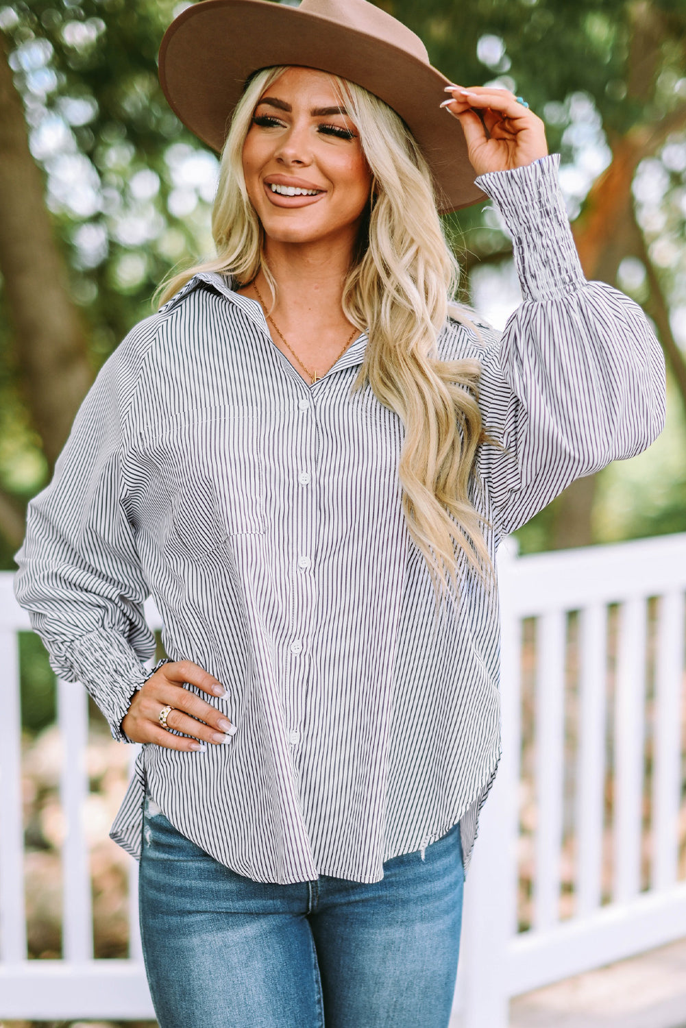 Red Stripe Smocked Cuffed Striped Boyfriend Shirt with Pocket