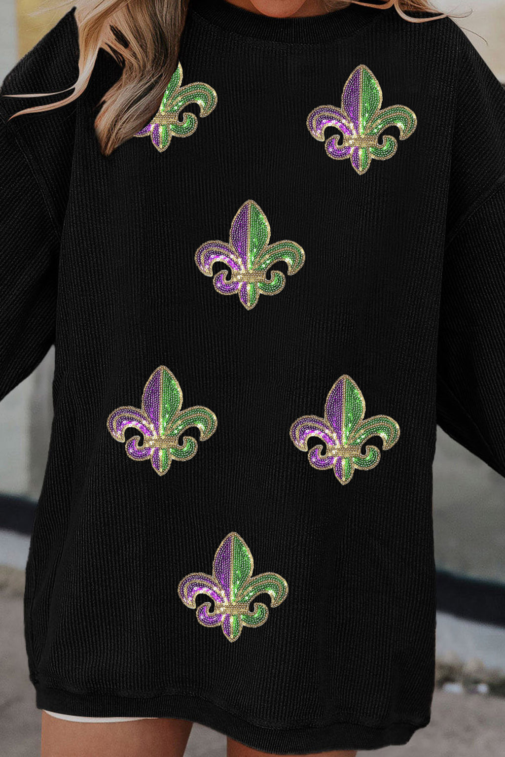 Black Corded Ribbed Sequin Fleur De Lis Graphic Pullover Sweatshirt