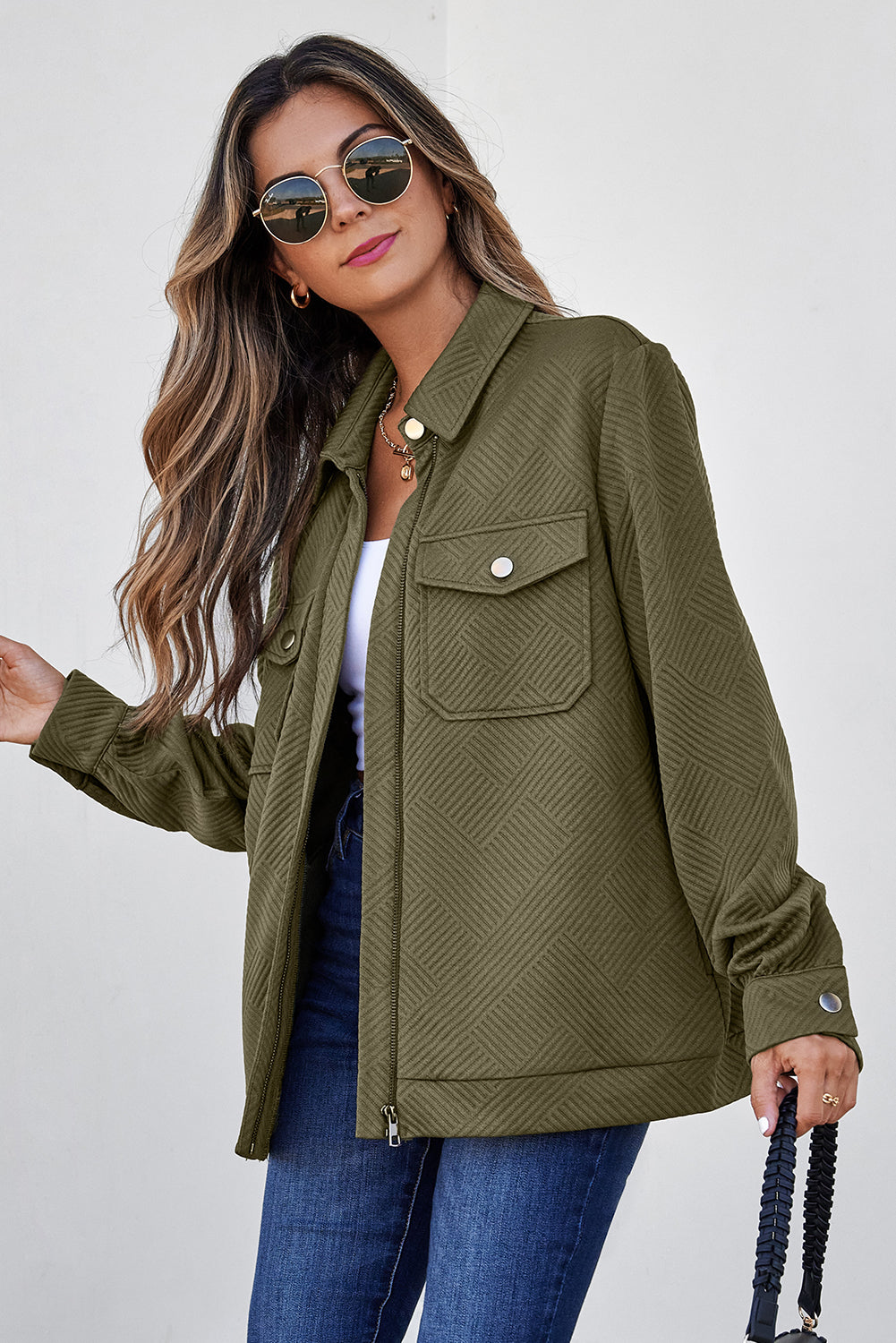 Coffee Solid Color Zip Up Button Flap Pocket Shirt Collar Jackets