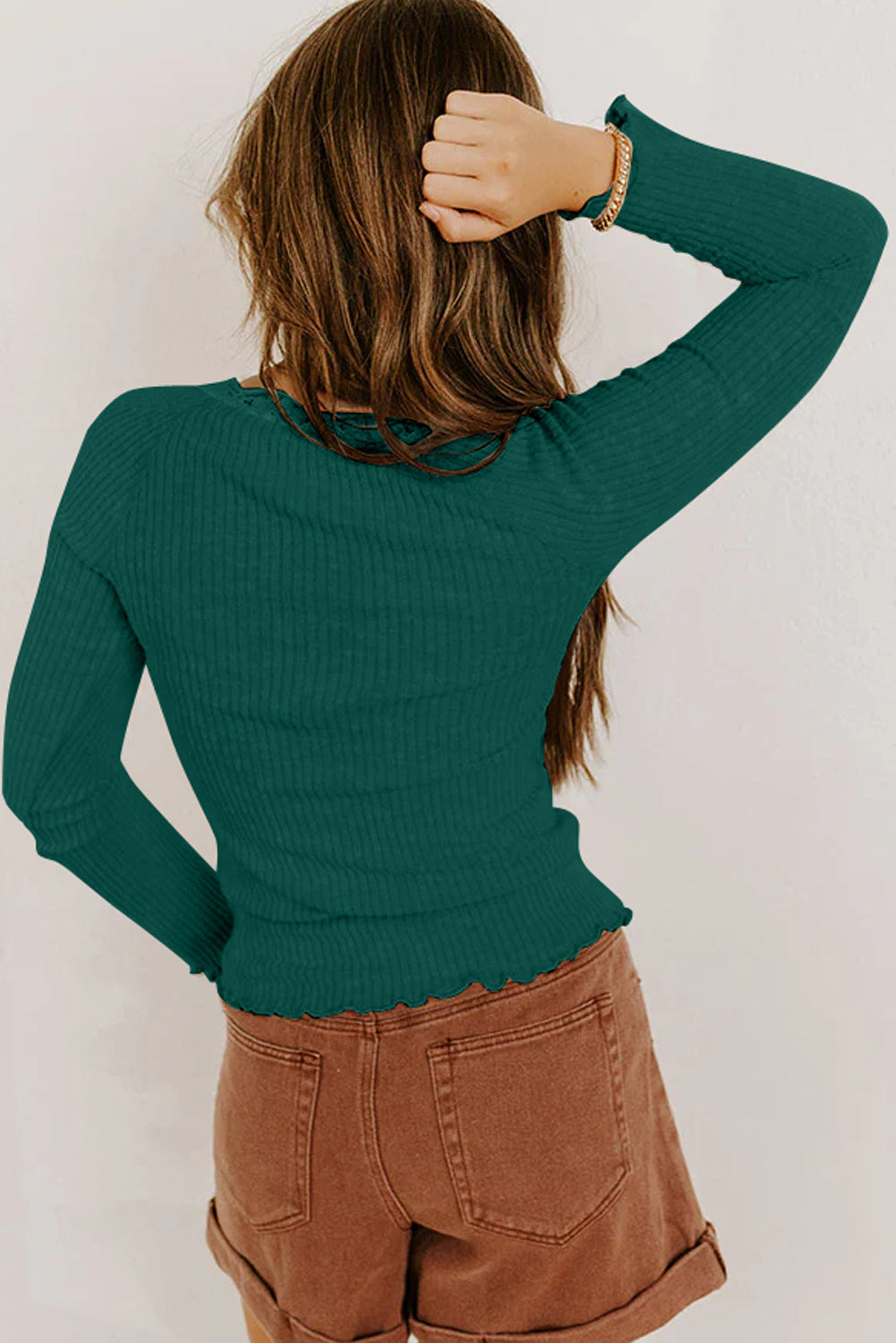 Beige Lace Neckline Button Decor Lettuce Edge Long Sleeve Ribbed Top