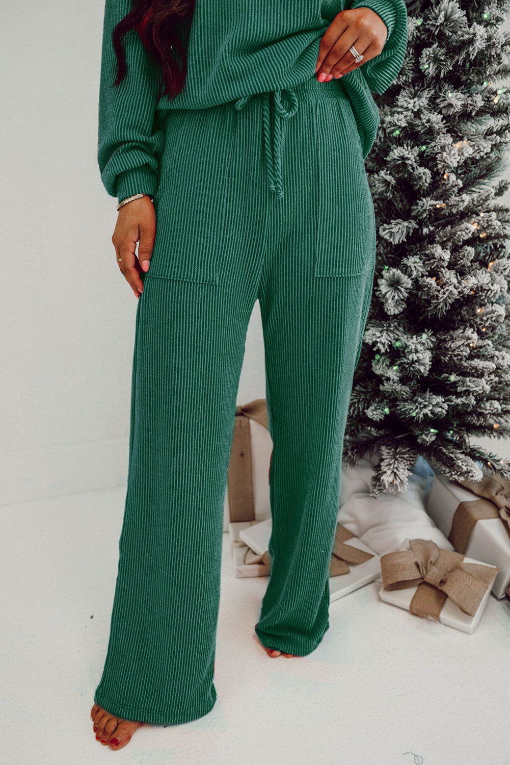 Black MERRY Corded Long Sleeve Top and Pockets Pants Set