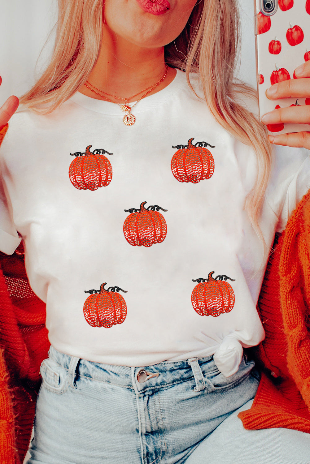 White Colorful Pumpkin Sequin Patched Drop Shoulder Sweatshirt