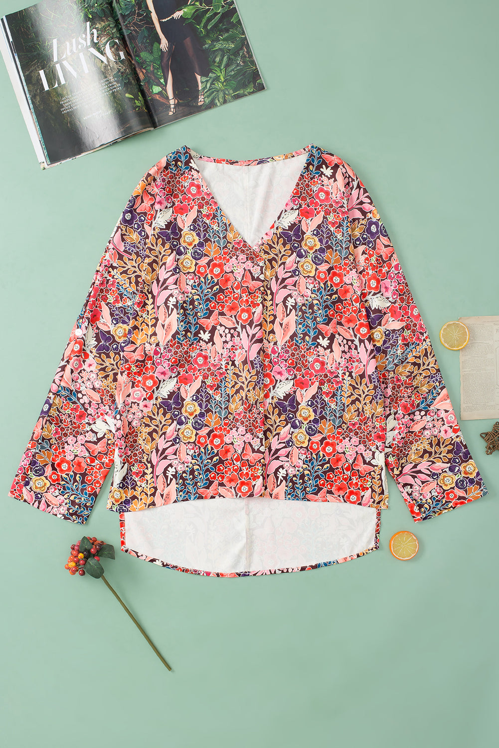 Multicolor Boho Floral Long Sleeve V-Neck Blouse
