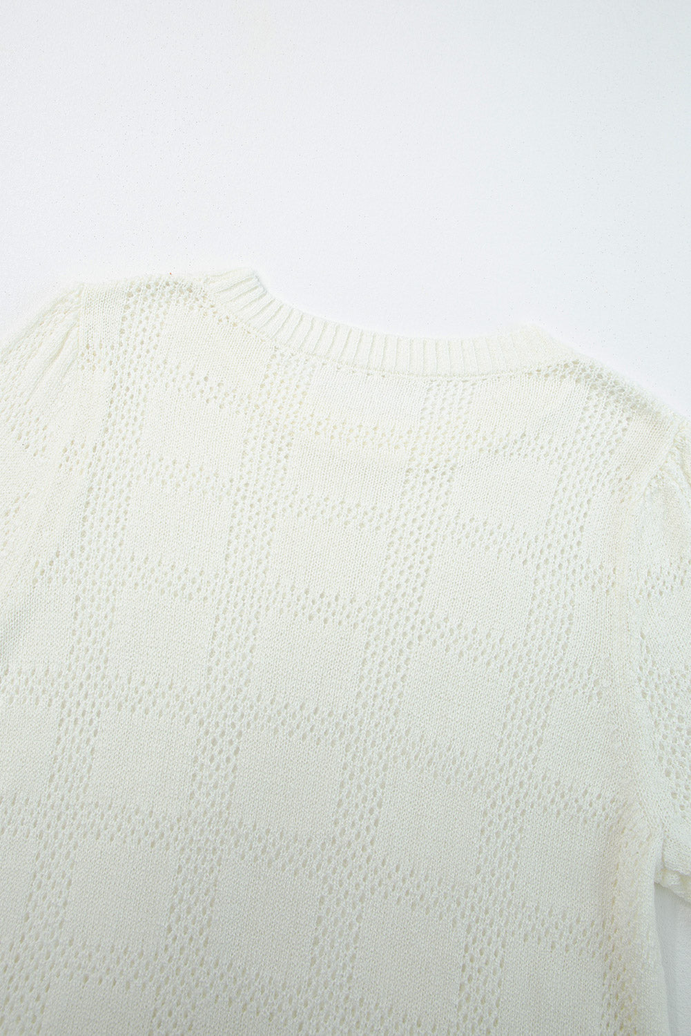 White Plaid Pattern Crochet Knit Short Sleeve Sweater