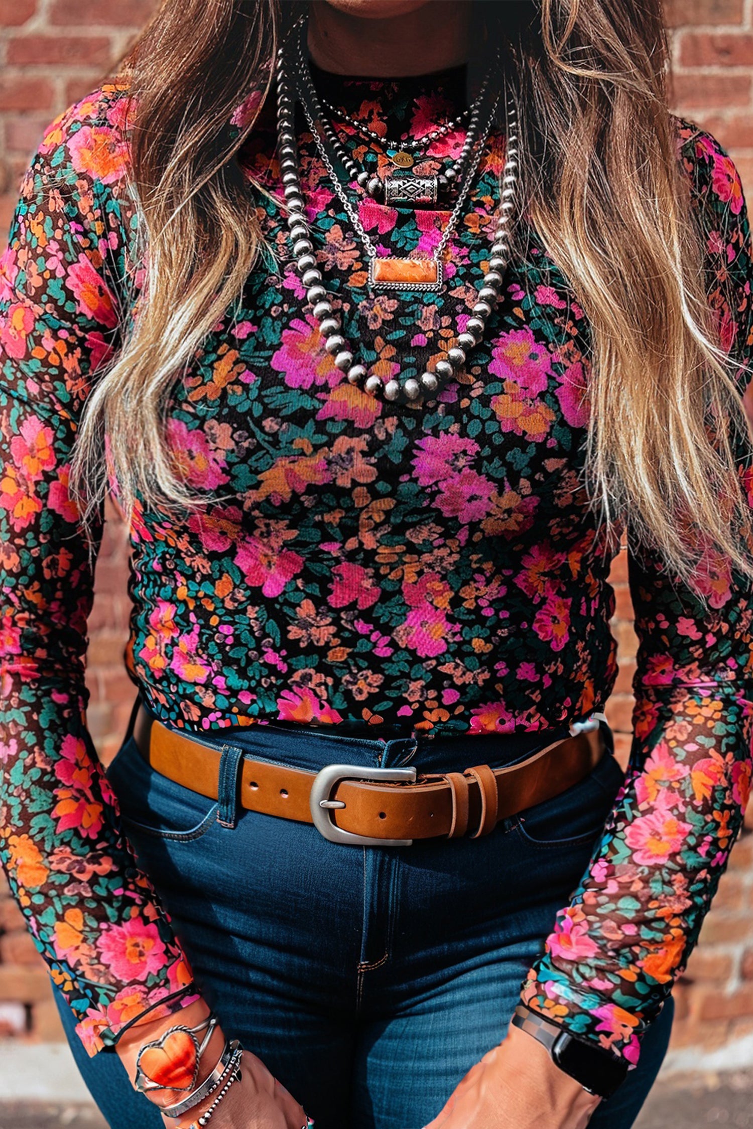 Rose Retro Floral Printed Mesh Short Sleeve Top