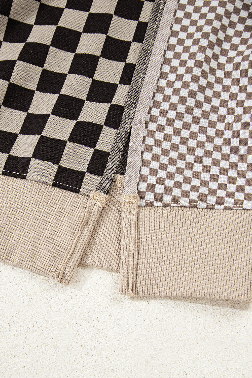 Khaki Mixed Checkered Pattern Patchwork High Low Casual Top