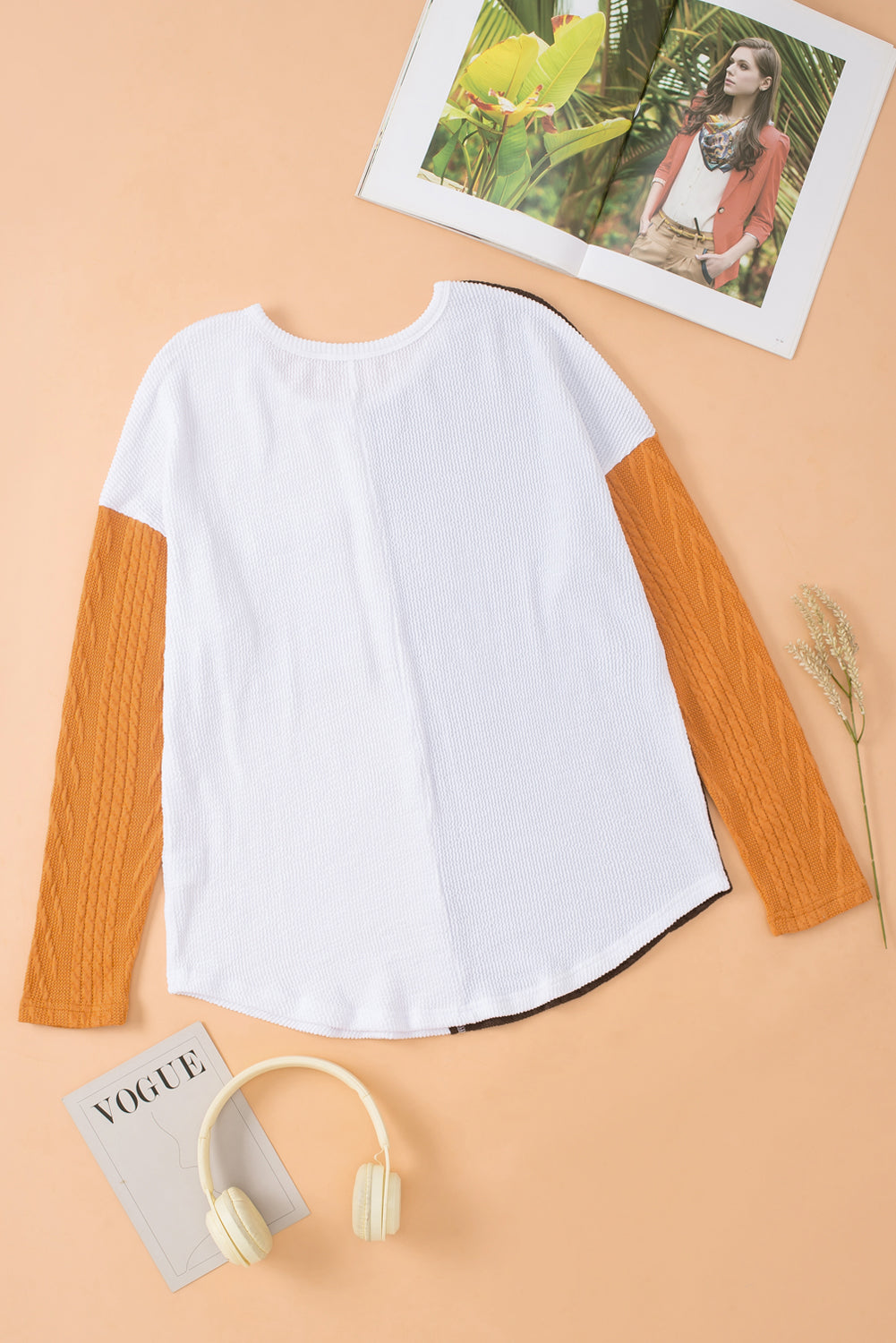 Orange Long Sleeve Colorblock Chest Pocket Textured Knit Top