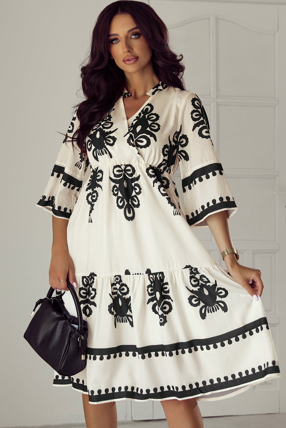 Orange Vintage Geometric Printed 3/4 Sleeve V Neck Blouse