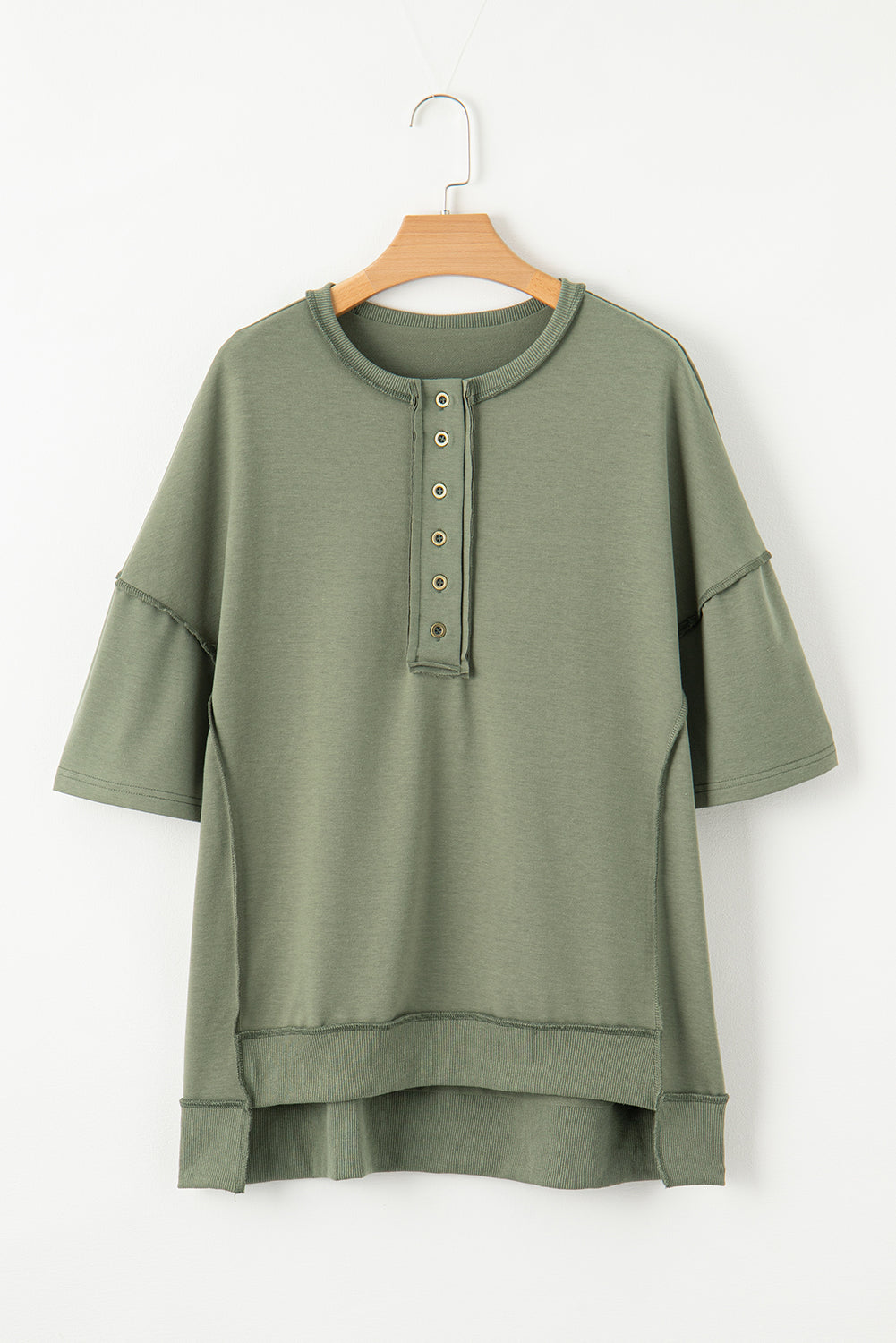 Jungle Green Exposed Seam Button Neck Wide Sleeve Tunic Top