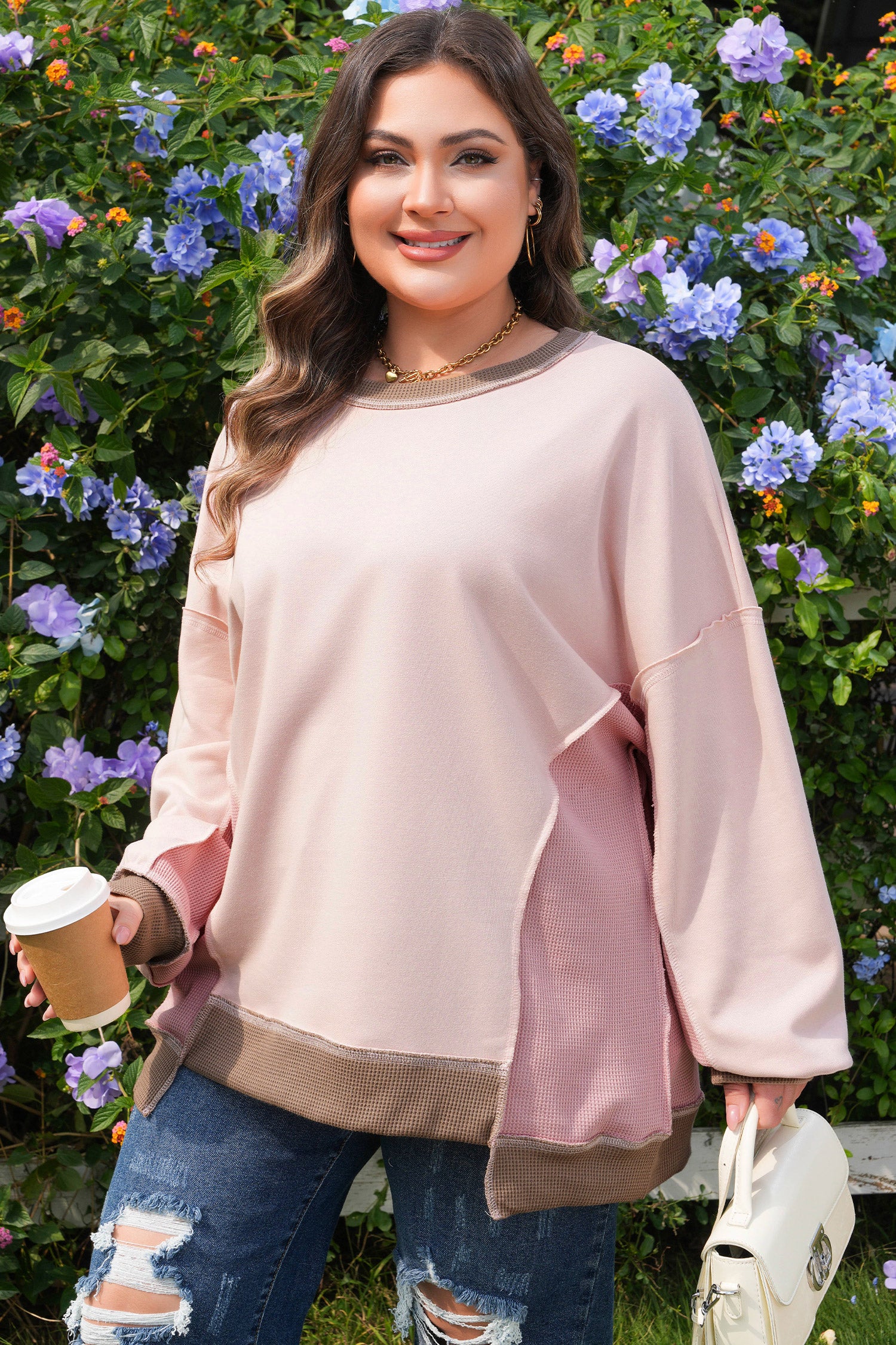 Light Pink Color Block Mix Texture Waffle Patchwork Oversize Sweatshirt