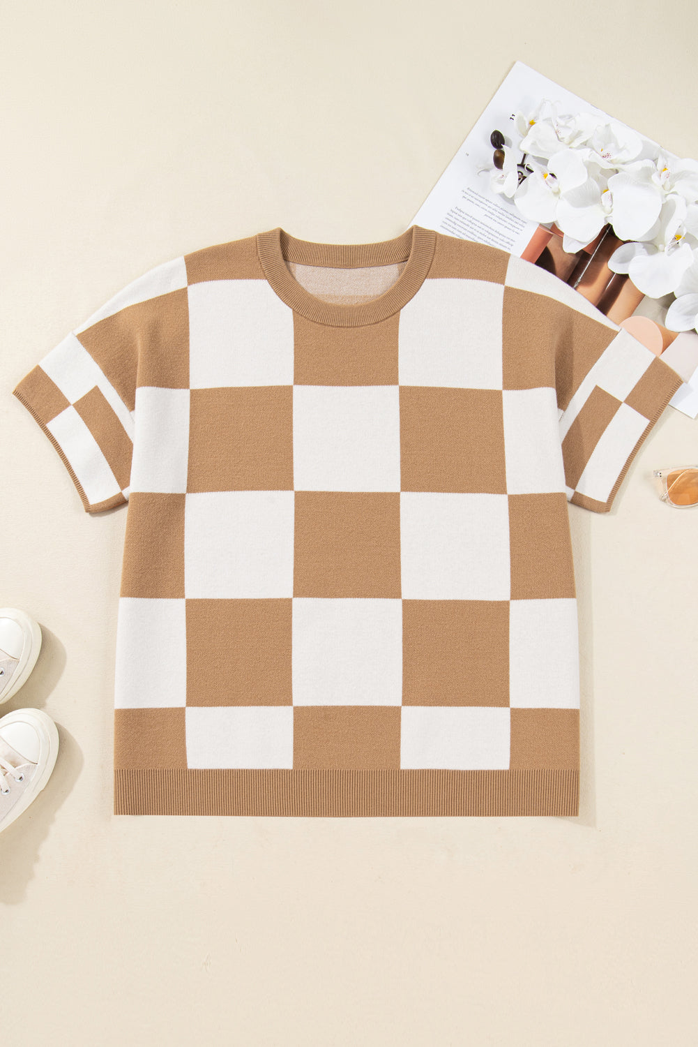 Black Checkered Pattern Loose Drop Shoulder Half Sleeve Sweater