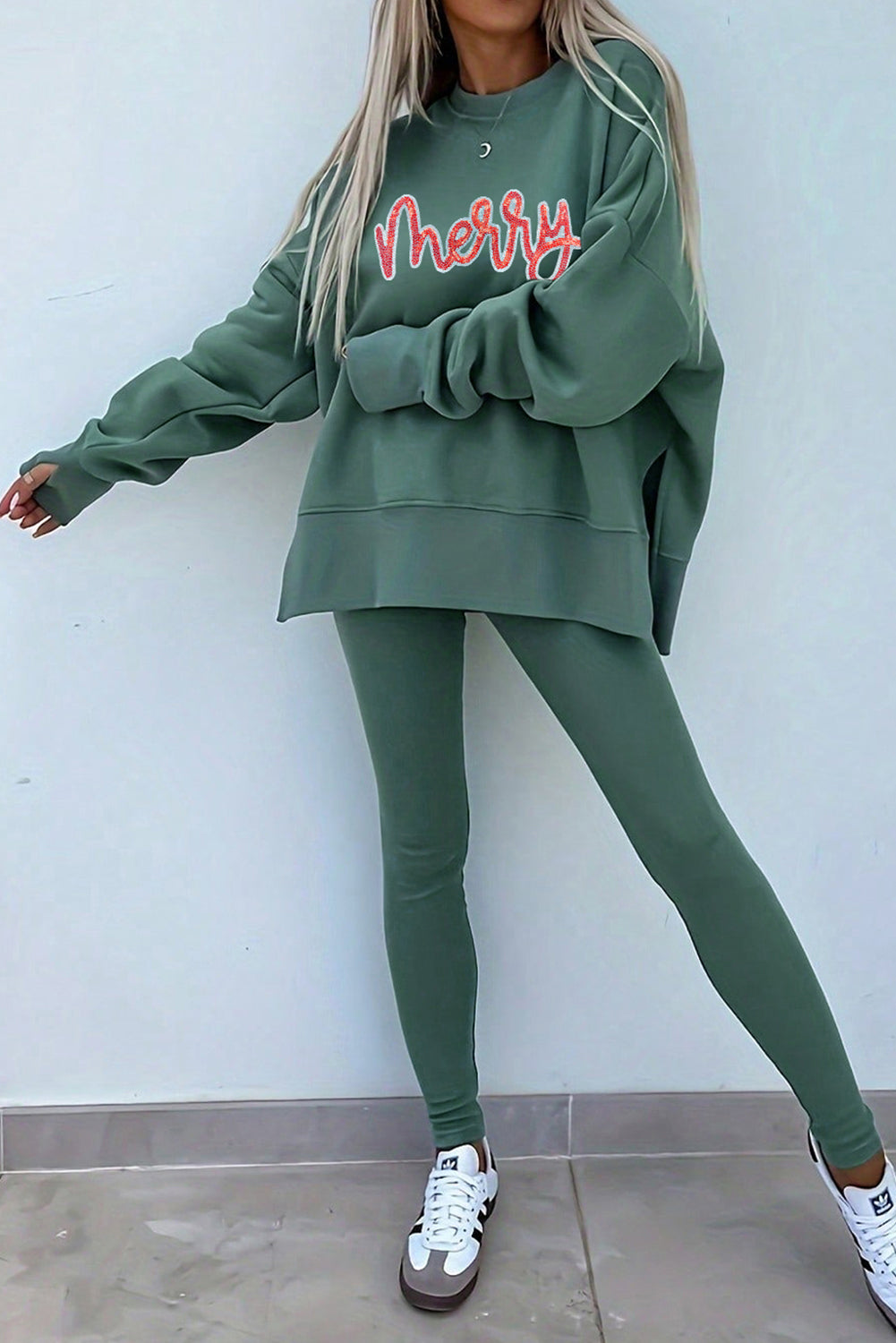 Black Solid Color Oversize Slit Sweatshirt Ribbed Leggings 2pcs Set