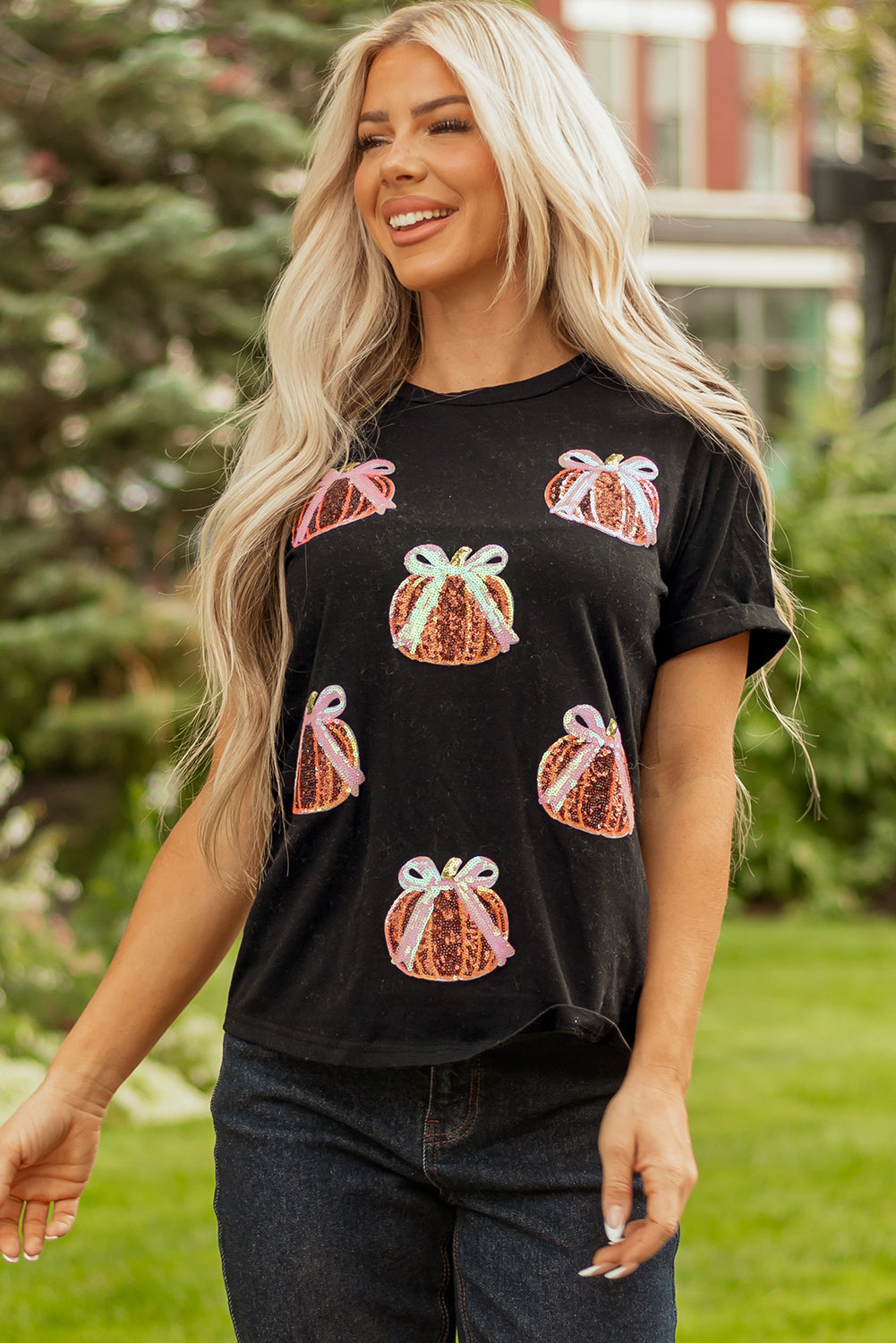 White Colorful Pumpkin Sequin Patched Drop Shoulder Sweatshirt